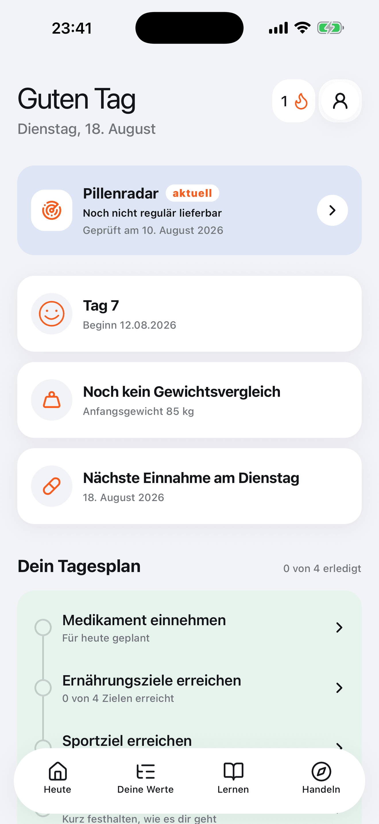 MyCue Heute mit nächster Anwendung, Arzttermin und Kalender