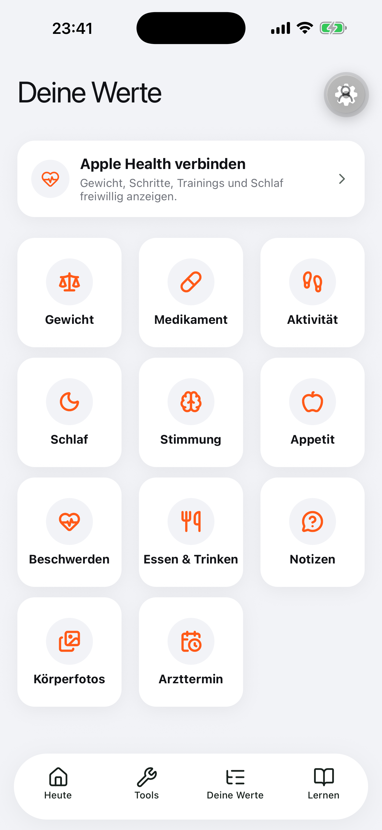 MyCue Übersicht für Gewicht, Medikament, Aktivität und weitere persönliche Werte