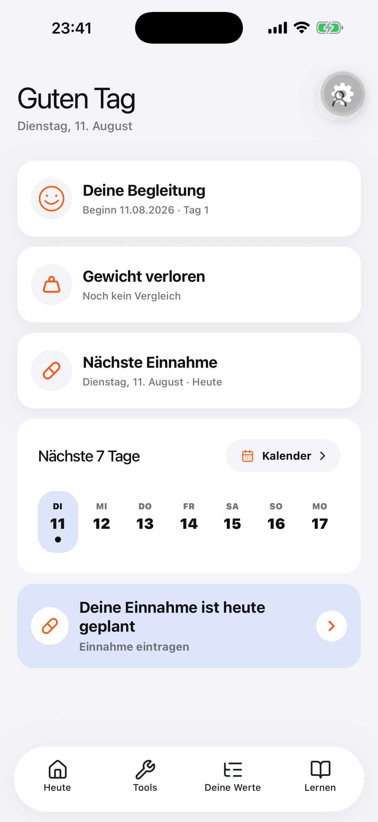 MyCue Tagesübersicht mit Begleitungsdauer, nächster Einnahme und Wochenkalender