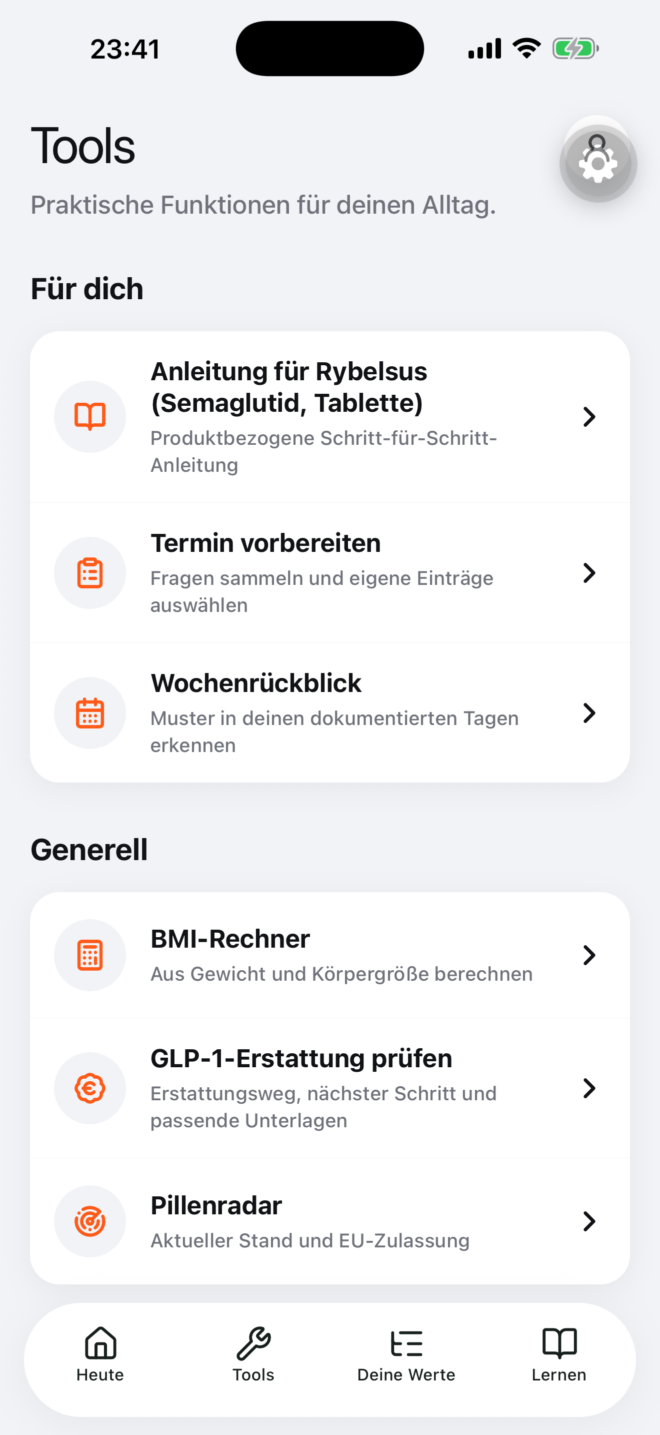 MyCue Tools mit Anleitung, Terminvorbereitung, Wochenrückblick und Pillenradar